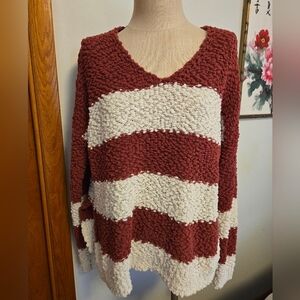 FAVLUX CRANBERRY & WHITE STRIPED POPCORN V-NECK SWEATER. SIZE MEDIUM.